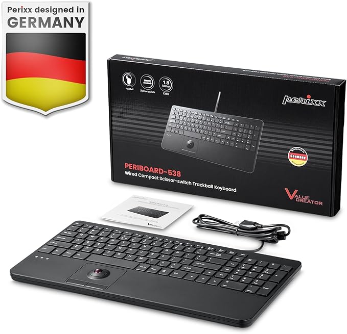 Perixx PERIBOARD-538 US Wired Compact USB Keyboard with Trackball - X Type Scissor Keys - 15.63x7.8x1.46 Inches (397x198x37mm) - Build-in 2 USB Hubs - Black