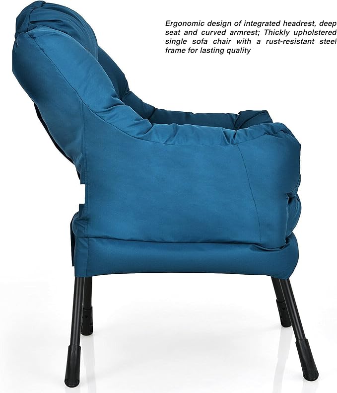 Navy Blue Polyester Fabric Lazy Chair Upholstered Single Sofa Chair With Side Pocket Soft Headrest Thick Seat Cushion Curved Armrest Perfect For Watching TV Relaxing Reading Playing Video Games