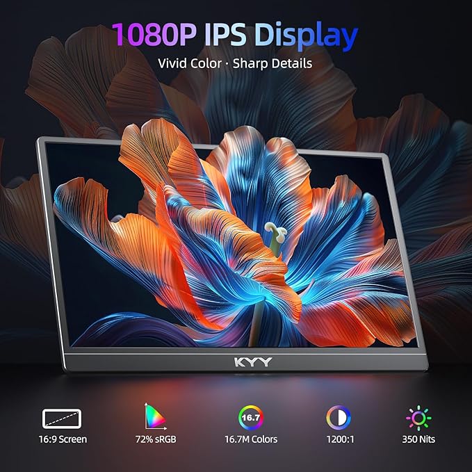 KYY Portable Monitor for Laptop15.6'' Computer Screen Extender 1080P USB-C HDMI Laptop Display Built-in Stand &amp Dual Speakers External HDR Display Travel Monitor for PC MAC Phone Xbox PS4/5 Swi