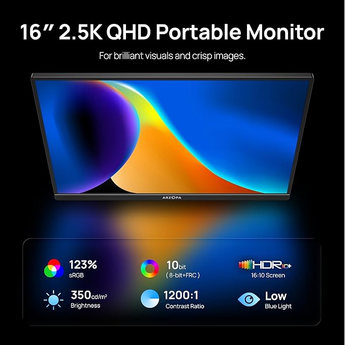 ARZOPA 16 2.5K Portable Monitor 2560x1600 QHD IPS Display 123% sRGB with Built-in Stand USB-C HDMI Eye Care External Second Screen for Mac Laptop Phone PS4/5 Xbox Switch -Z1RC