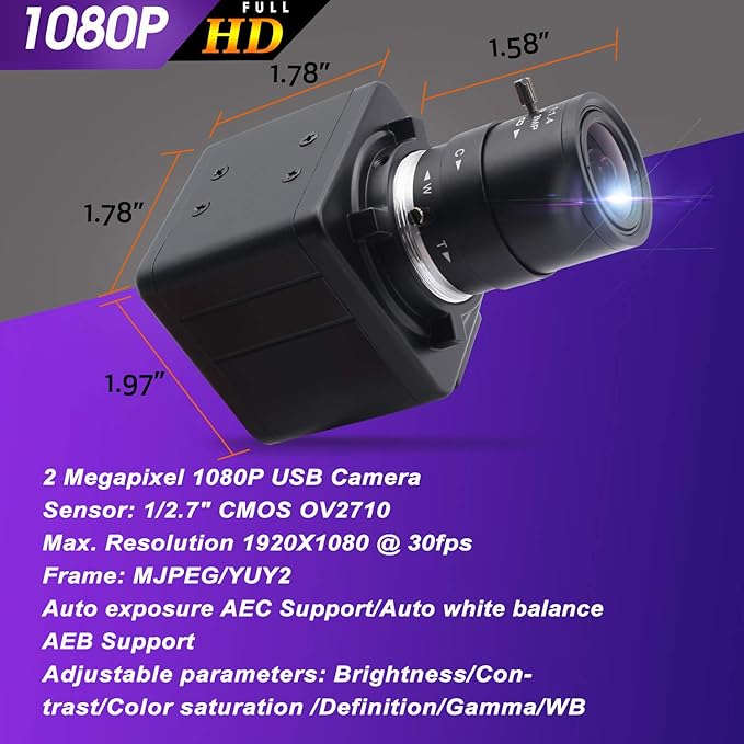 2MP Webcam 2.8-12mm Varifocal Lens Webcamera VGA High Speed 100fps 1080P USB Camera for Industrial HD Web Camera with CMOS OV2710 Sensor for Video Conference