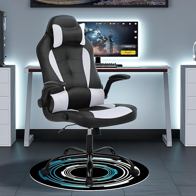 Gaming Chair PU Leather Computer Chair with Flip-up Armrest and Lumbar Support Ergonomic High Back Home Office Chair Comfy Video Game Chair for Home Bedroom White