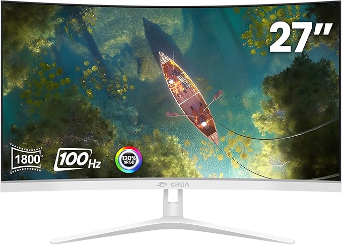 CRUA 27 Curved White Monitor Full HD(1920x1080P) VA Panel 1800R 100HZ 120% sRGB Professional Computer Monitors 3Sides Frameless Flicker-LessBlue Light Filter for Office &amp Gaming (VGA HDMI)