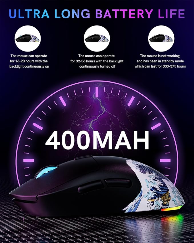 G57 Wireless Gaming Mouse 8000 DPI 80g 2.4G/Bluetooth/USB-C Rechargeable Wireless Mouse with 5 Programmable Buttons for PC/Mac Black