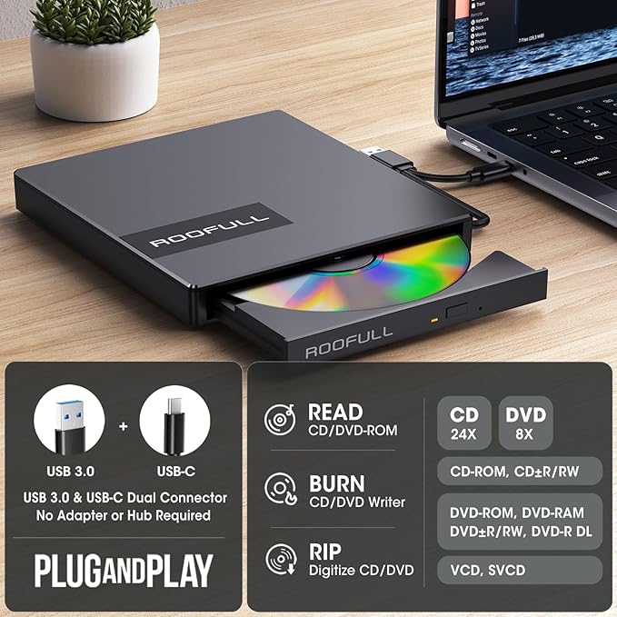 ROOFULL External CD DVD Drive with 4* USB Ports and 2* SD/TF Card Slot for Laptop USB 3.0 Type-C CD-R/RW/ROM Reader Writer Burner DVD Player Disc Drive for PC Mac Windows 11/10 MacBook Linux Computer