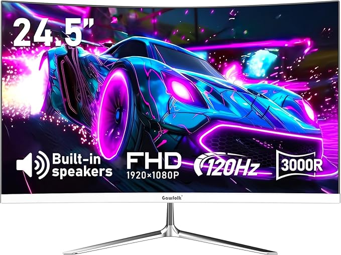 Gawfolk 24.5 Inch Gaming Curved Monitor Built-in Speakers 3000R 120Hz White PC Screen Full HD 1080P HDMI 2.0 VGA Wall Mount Compatible 75 * 75mm