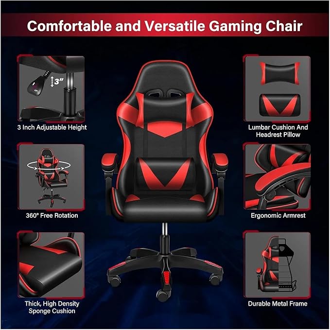 Managerial Chairs Height Adjustable Swivel Recliner Racing Office Computer Ergonomic Video Game Esports Chair W/Headrest&ampLumbar Pillow(Red)