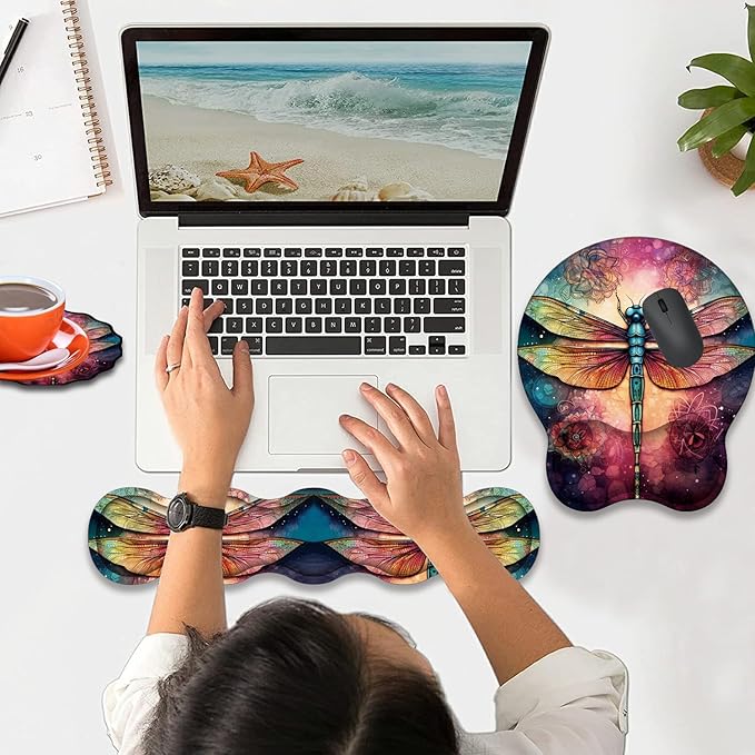 Mouse Wrist Rest and Keyboard Wrist Rest Pad+ Coaster Set Non-Slip Rubber Base Smooth Surface Ergonomic Gaming Mouse Pad for Easy Typing and Pain Relief Mandala Dragonfly