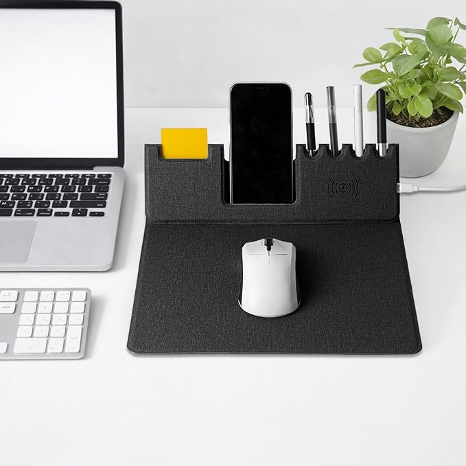 Mouse Pad with Phone Holder &amp Pen Holders Wireless Charging Desk Mat Mousepad Home Office Desk Pad with Ultra-Smooth Surface Non-Slip Base Waterproof Keyboard Pad Classic Black Desk Mat