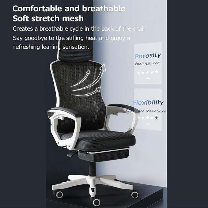 Ergonomic Gaming ChairLatex Cushion Comfortable and Breathable Office Chair Height Adjustable Computer Chair with Footstool(WhiteWithout_Blue)
