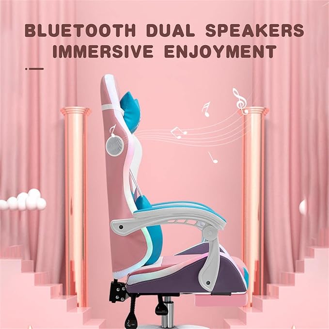 Girls Gaming Chair with Footrest Leather Video Game Chairs with Speakers and RGB Lights High Back Computer Chair with Lumbar Support and Headrest Cute Recliner Chair Office ChairPink