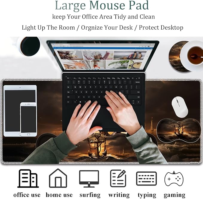 4 in 1 Mouse Pad Combo Large Gaming Mouse Pad + Keyboard Wrist Support + Mouse Wrist Rest + Coaster Table Pad 31.5 x 11.8 with Memory Foam Ergonomic Wrist Pad Set Waves and Anchors