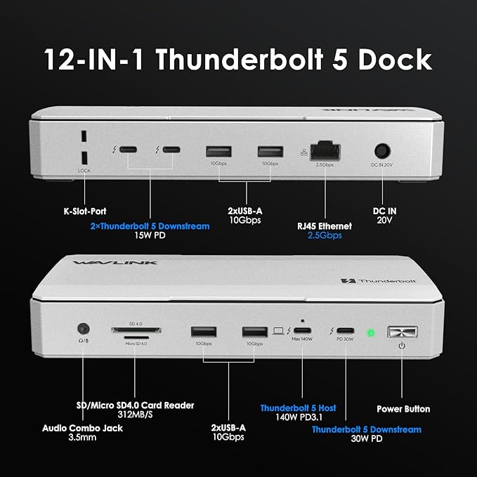 WAVLINK Intel Certified Thunderbolt 5 Docking Station: TB5 Dock with 120Gbps Max Transfer Thunderbolt 5 hub with 140W Max Charging 4X USB-A 3.2 Gen 2 Cooling System 8K Display for TBT 5/4 Laptops