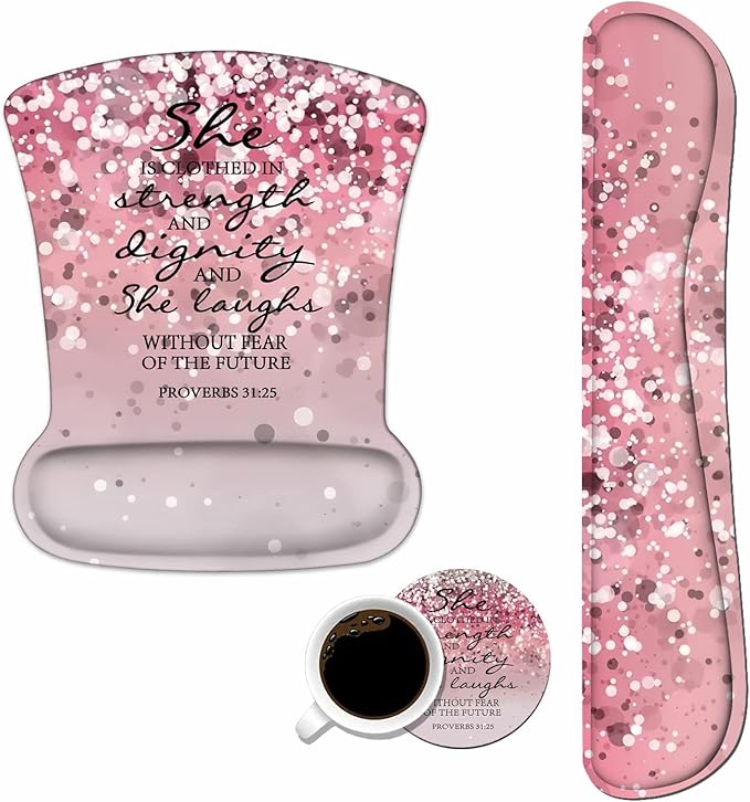Keyboard Wrist Rest and Mouse Wrist Rest Pad Set with Coasters Ergonomic Support Non-Slip PU Base Easy Typing &amp Relieve Wrist Pain for Home Office Working Studying Pink Bible Verse Proverbs 31