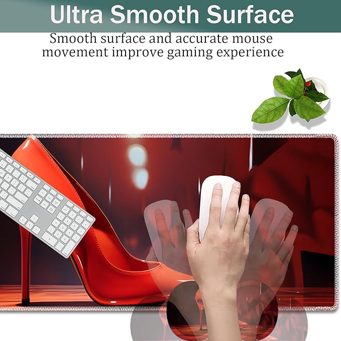 Large Game Mouse Pad + Wrist Support Pad + Coffee Coaster Desk Pad with Sewn Edges Anti-Slip Set pad Suitable for Office Work and Home - Red High Heels