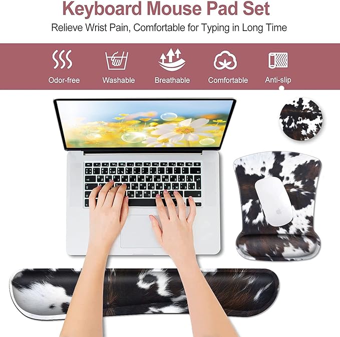 Keyboard Wrist Rest and Mouse Pad with Wrist Support Ergonomic Mouse Pad Coaster Easy Typing Pain Relief Mousepad Set Memory Foam Keyboard Wrist Rest Cowhide Brown Black Cow