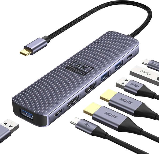 USB C to Dual HDMI Adapter Newmight 7-in-1 USB-C Docking Station Dual Monitor Multiport Dongle with 2 HDMI 4K 60HZ 3 USB 3.0 USBC 3.0 Data Port 100W PD for MacBook Pro iPhone 15/Pro Max HP Dell