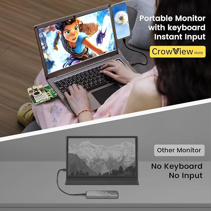 Portable Monitor with Keyboard14inch 1080P FHD Lapdock Compatible with Mini PC/Phone/PC/Game ConsoleCrowView Note with RPi5 &amp Jetson Adapters(Full Feature TypeC &amp HDMI Cable Included)