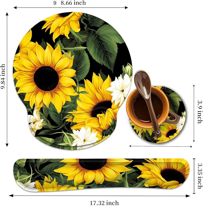 Keyboard Wrist Rest and Mouse Wrist Rest Pad with Cup CoasterMade of Memory FoamErgonomic SupportEasy-Typing and Pain Relieffor Gaming Office Home ComputerNice Sunflowers Floral