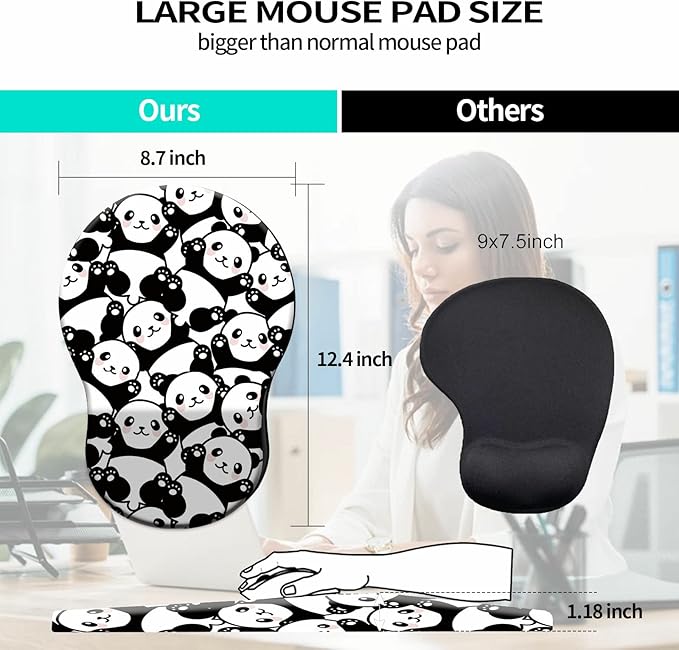 Mouse Pad with Wrist Support Gel Cute Panda Pattern Design Ergonomic Gaming Mousepad with Wrist Rest for Laptop Computer Home Office Working Mouse Mat + A Cute Coffee Pad