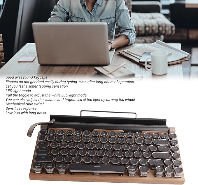 PUSOKEI Retro Typewriter Keyboard Wireless Mechanical Gaming Keyboard 83 Keys Bluetooth Punk RGB Backlit Blue Switch Metal Round KeyCap for PC Laptop Phone (Wood Grain Color)