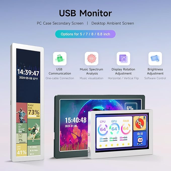 waveshare 8.8 inch USB Monitor 1920 x 480 ResolutionPC Case Secondary Screen/Desktop RGB Ambient Screen IPS Panel with Music Spectrum Analysis Function Type-C Interface CNC Metal Case Silver