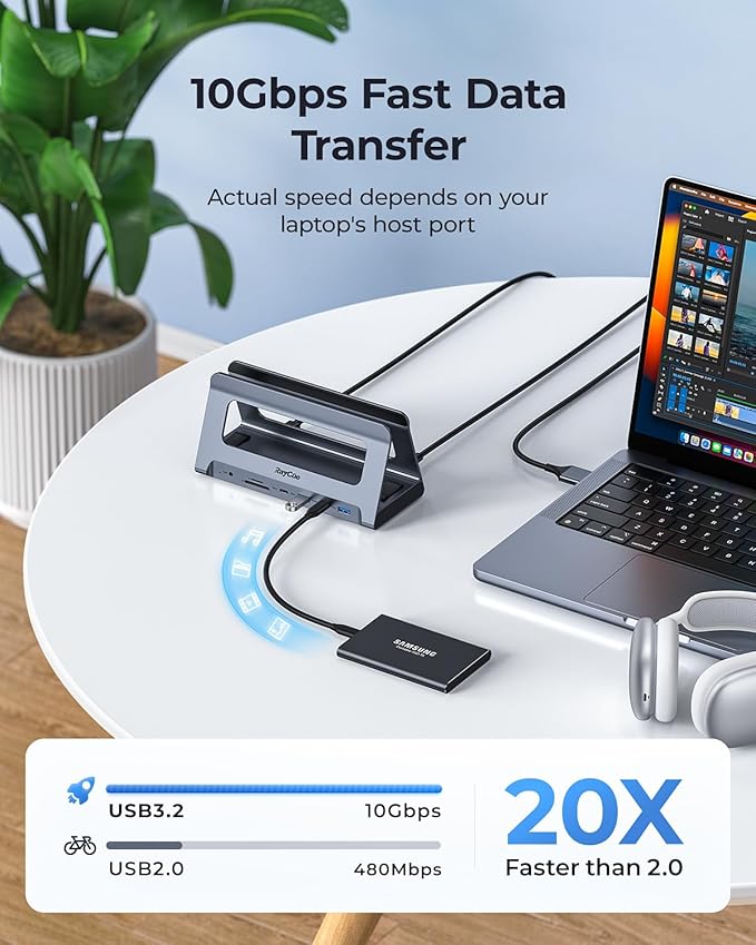 RayCue USB-C Docking Station for MacBook Pro/Air Dual HDMI USB-C Dock with 10Gbps PD3.0 RJ45 2xUSB 3.0 2xUSB 2.0 SD/TF Audio