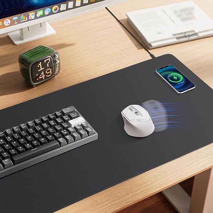 Mouse Pad with Wireless Charging PU Leather Fast Charging Gaming Mouse Pad Waterproof Anti-Slip Surface Easy Clean Office Table Mat 32L x 16W x 0.15H inches Black(Right Side Charging Port)