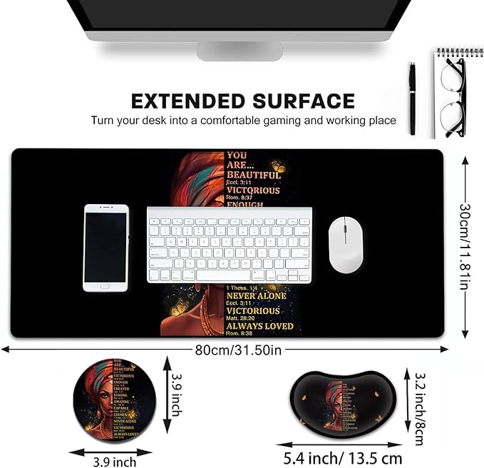 Large Mouse Pad with Mouse Wrist Rest 31.5x11.8 in Extended Mouse Mat with Ergonomic Memory Foam Wrist Rest for Work &amp Gaming Writing Pad African American Women Black Girl Office Desk Pad 2