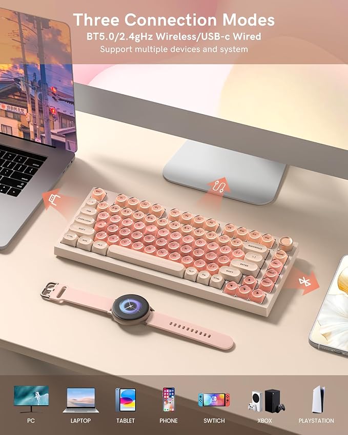 WK75 Wireless Mechanical Keyboard with Knob 75% Foundation Pink Creamy Keyboard Hot Swappable Pre-lubed Switches Gasket Mount with MOA Profile Jelly Keycaps RGB Backlit Gaming Keyboards