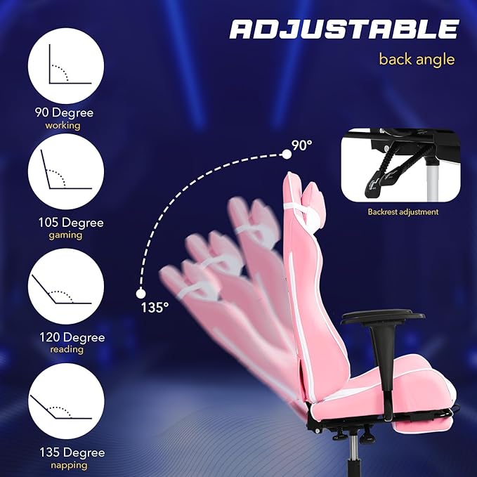 Gaming Chair Computer Office Chair Ergonomic Desk Chair Height Adjustable Recliner Swivel High Back with Lumbar Support Footrest Headrest Racing Style Desk ChairPink