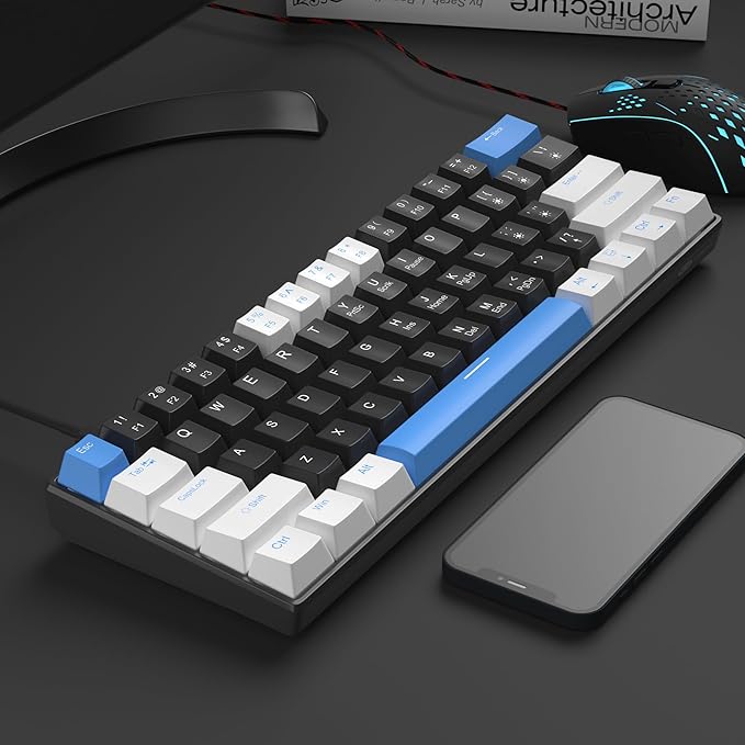 Camiysn 60% Mechanical Gaming KeyboardWhite Black Blue Keycaps Gaming Keyboard with Linear Red Switch Detachable Type-C Cable Mini Keyboard with Blue LED Light for Windows/Mac/PC/Laptop