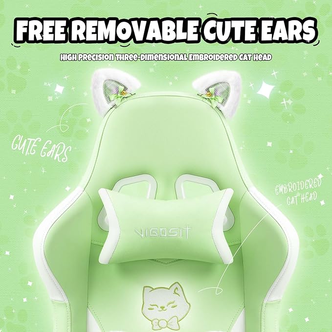 【Gaming Chair with Paw Cushion】 Kawaii PC Gamer Chair for Girls Teens Adjustable Height &amp 90-155° Recline 360° Swivel with Retractable Footrest (Green)