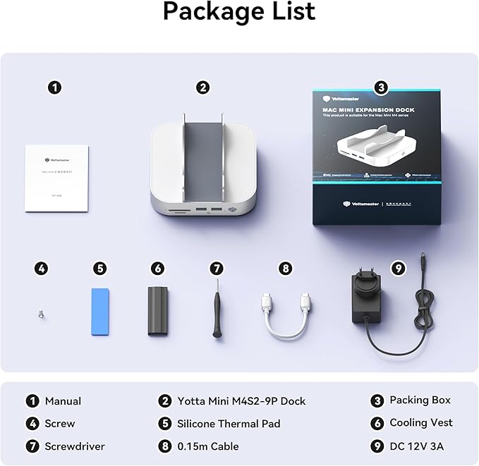 Yottamaster 9 in 1 Mac mini M4 Dock 10Gbps with 8TB NVMe SATA SSD Enclosure Aluminum Mac mini M4 Stand and Hub Built in Cool Fan USB-A*2/USB-C 10Gbps USB-A 2.0 * 2 3.5mm Audio*2 TF/SD