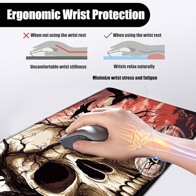 Mouse PadLarge Desk Mat Set 4in1 XL Mousepad + Keyboard Wrist Rest+Mouse Wrist Rest+Coaster with Ergonomic Desk Pad for Home Office Table Computer Cover -Skull Tree with Crows