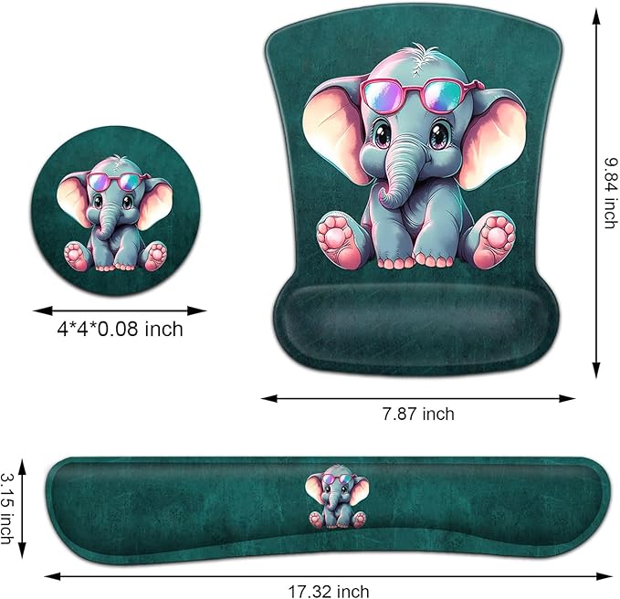 Keyboard Wrist Rest and Mouse Pad Wrist Support Set Ergonomic Gel Mouse Pad Wrist Rest with Non-Slip Base for Home Office Desk Pad Cartoon Animal Cute Baby Elephants Pattern Gaming Mouse Mat