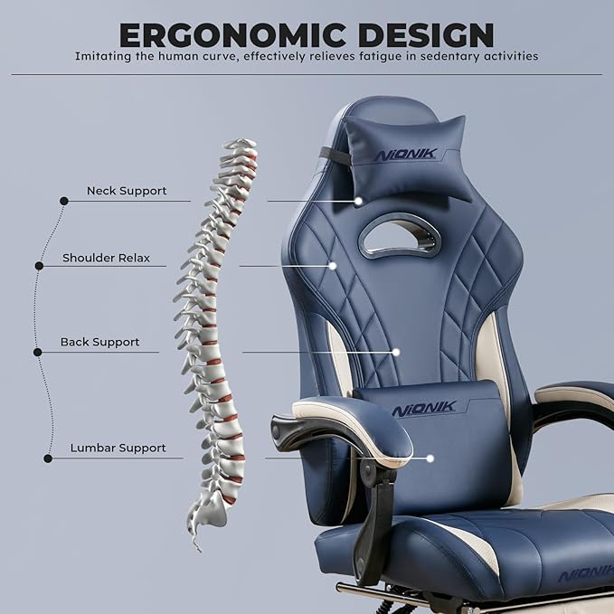 Gaming Chair with Footrest and Massage Lumbar Support Ergonomic Computer Gamer Chair Office Video Game Chairs (Blue)