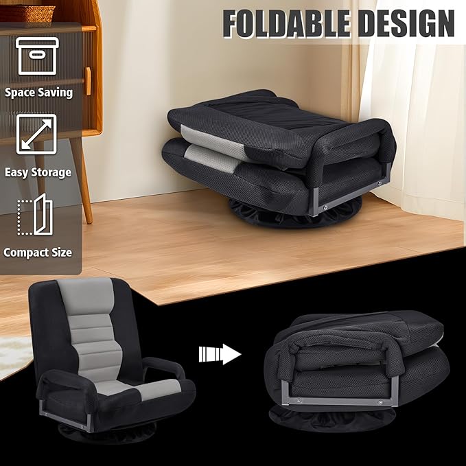 Swivel Gaming Chair Multipurpose Floor Gaming Chair for Playing Video Games TV Reading w/Armrest Lumbar Support &amp 6 Adjustable Postion Backrest for AdultsGrey