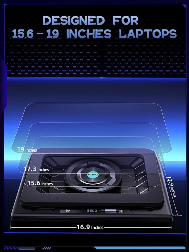 llano V12 Laptop Cooling Pad Gaming Laptop Cooler Stand with 5.5inch Powerful Turbo Fan Adjustable Speed Touch Control 3-Port USB A for Fast Cooling Laptop 15.6-19in Black (No RGB)