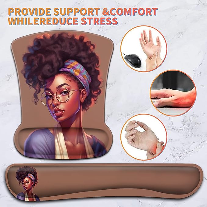 Ergonomic Mouse Pad Wrist Support Gel and Keyboard Wrist Rest Set American Women African Black Design for Laptop Mac Gaming and Office Durable Comfortable and Pain Relief + Coaster