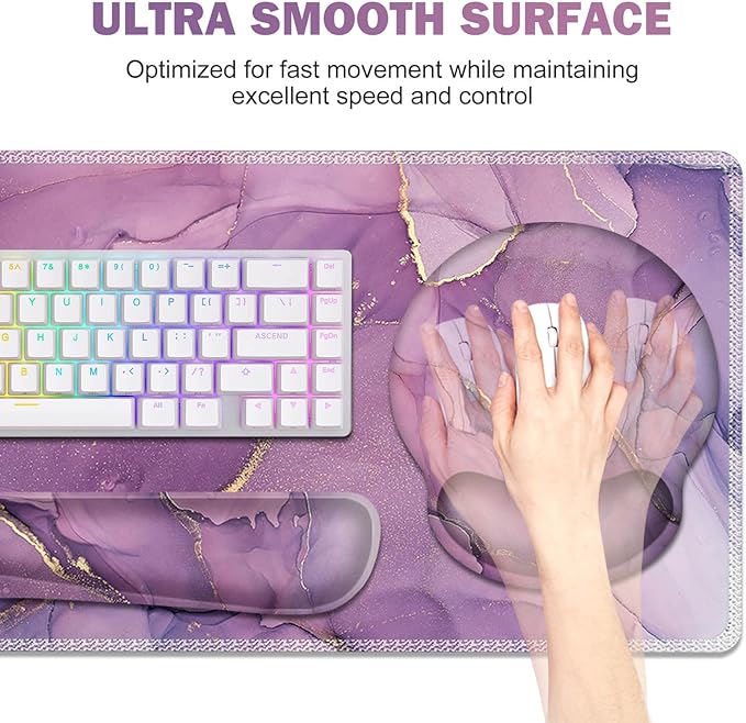ToLuLu Desk Mat XXL Large Mouse Pad Wrist Support Set4 in1 Gaming Mousepad Desk Pad+ Ergonomic Mouse Pad with Wrist Rest + Keyboard Wrist Rest+Coaster for Women Home Office Computer Purple Marble