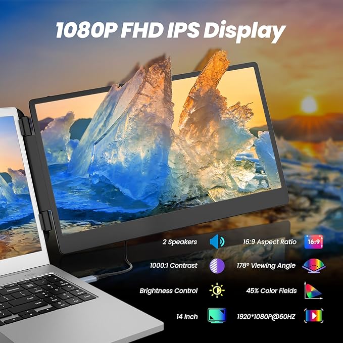 domyfan 14 Laptop Screen Extender FHD 1080P IPS Triple Portable Monitor for Laptop HDMI/USB-A/Type-C for Windows Mac Android Chrome Switch &amp PS5 Work with 13.3”-17” Laptops