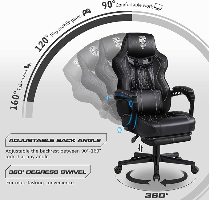 Vonesse Gaming Chair Computer Office Chair with Footrest Reclining Gaming Chairs for Adults Big and Tall Ergonomic Gaming Chair with Lumbar Support and Massage (Black)