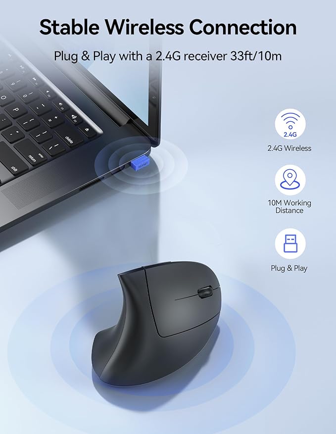 TECKNET Ergonomic Mouse Rechargeable Vertical Ergo Mouse Wireless 800-4800 Levels 5 Adjustable DPI Silent 2.4GHz Optical Carpal Tunnel Mouse for Right Hand USB Wireless Mice for Laptop PC