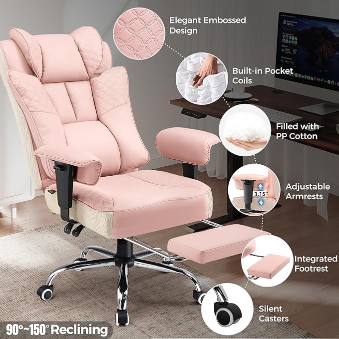 GTPLAYER Big and Tall Office Chair 400LBS Wide Ergonomic Gaming Chair with Deluxe Embossing Designed Leather with Foot Rest150°Reclining Adjustable Soft Armrests Pocket Spring Back Support and Pillow