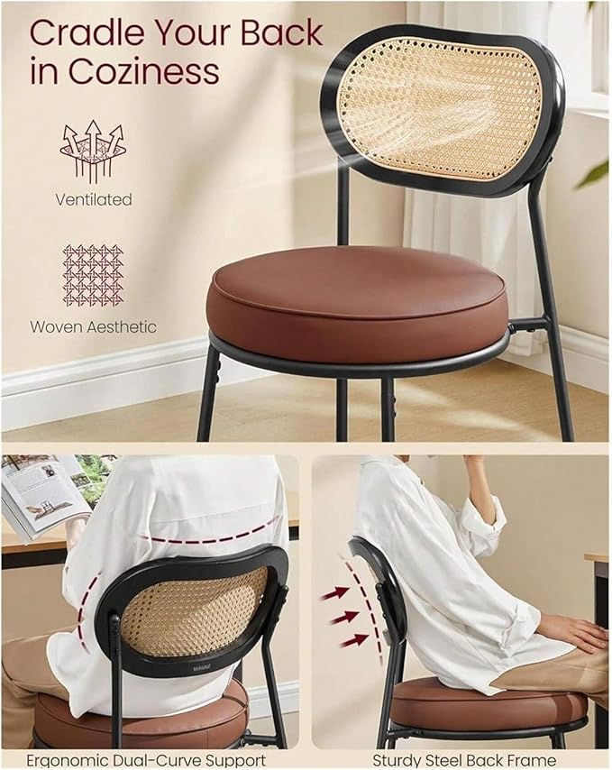 Adjustable Office Computer Chair with Armrest 1pcs Leather Upholstered Accent Dining Chairs with Woven Rattan Backrest(Ink Black)