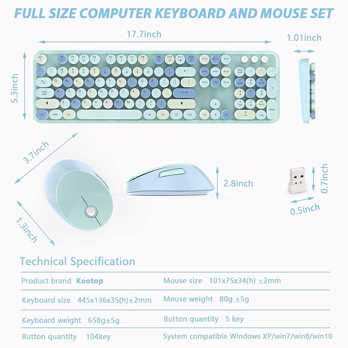 Wireless Keyboard and Mouse Combo 2.4G Full-Sized Ergonomic Keyboard Mouse 3 DPI Adjustable Cordless USB Keyboard and Mousefor PC/Computer/Laptop/Windows/Mac(Blue)
