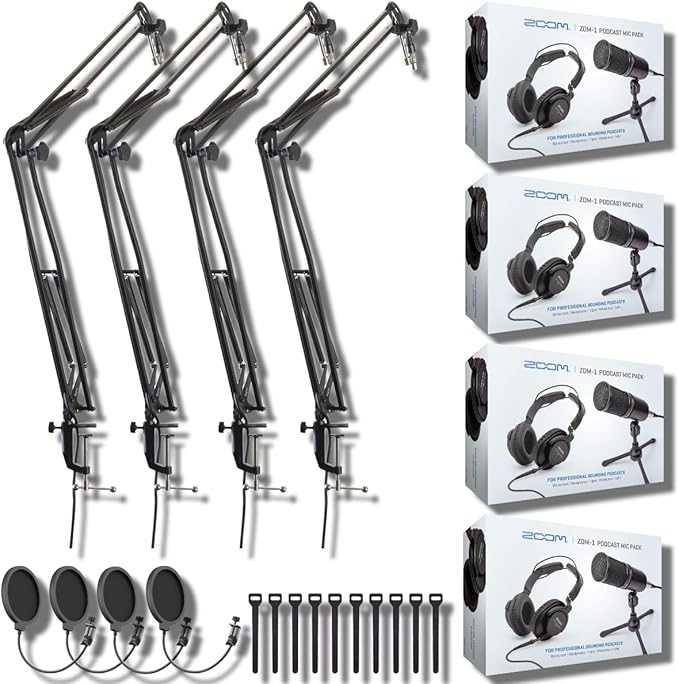 Zoom ZDM-1 Podcast Mic Packs with StreamEye BOOMARM1 Microphone Boom Arms and Microphone Pop Filters (Four-Pack)