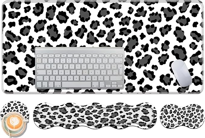 Keyboard Wrist Rest and Mouse Pad Set31.5x11.8 Inches Desk MatWaterproof Non-Slip Ergonomic Wrist Support for Pain ReliefExtended Desk Protector for Office Home GamingLeopard Print