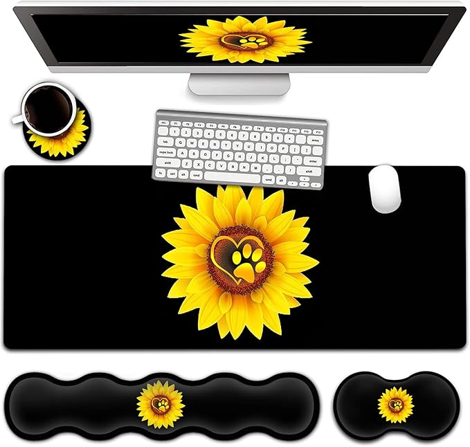 Gaming Mouse Pad Set Large Mouse Pad and Ergonomic Memory Foam Keyboard Wrist Rest Support Easy Typing Pain Relief Writing Mat Extended Office Desk Mat Sunflower Dog Paw Print Black Mouse Pad